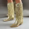 Boots Vintage Femmes Bottes de glands Chaussures 2023 Fringe Talons du milieu Western Cowgirl Boots Fashion Slipon Point