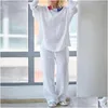 Frauen Zweiteilige Hosen Gerade 2 Teile/satz Stilvolle Rundhals Reine Farbe Hemd Set Tiefem Schritt Frauen Outfit Elastische Taille für Home Drop DHSSE