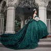 Черновато-зеленый бисер с кристаллами и бантом Quinceanera Платье Бальное платье с открытыми плечами Аппликации Тюль Корсет Vestidos De Quinceanera