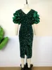 Party Dresses Sequin Dress Bodycon Sexy Deep V Neck Puff Sleeve Retro Vintage Green Red Velvet Tight Midi Sparkly Cocktail Club Wear