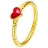 Cluster Rings 1PCS Pure 999 24K Yellow Gold Ring For Women 5D Light Red Paint Loving Heart Twist Carved Band US Size 5-9