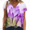 Kvinnors T-skjortor Elegant kort ärm V-Neck Casual Large Flower Mönster T-shirt 2024 Säljer Street 3D-tryckning