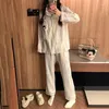 Accueil Vêtements Tie Dye Pyjama Ensembles Femmes Panda Imprimé Poche Col Rabattu Lâche Loisirs Automne Pleine Longueur Vêtements De Nuit Sweet Ins Filles