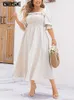 Urban Sexy Dresses GIBSIE Plus size pleated edge decoration square neckline puff Slve dress womens summer casual shirt A-Line vacation long dress 2024 new Y240402