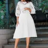 Elegant plus size spetsutskärning midi klänning sexig ruched midjeband a-line aftonklänningar casual vestidos mujer primavera verano es