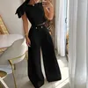 Women's Two Piece Pants Elegant Set Women Petal Sleeve Crop Top Straight Trousers Shirt Work Matching Sets 2 Y2k