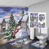 Rideaux de douche Ensemble de rideaux de Noël d'hiver Mignon Bonhomme de neige Oiseaux rouges Cadeaux Forêt Cèdre Année Noël Salle de bain Décor Tapis de bain Couverture de toilette