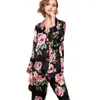 Hemkläder 2024 Kvinnor Real Silk Pyjama Set 6a 19 mm Mulberry Pyjamas Sleepwear Floral Tryckt långärmad pyjamas p36711qm