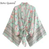 Boho Queens Kimono Kurze Robe Badeanzüge Damen Grün Floral Fledermausärmel Rayon Bohemian Bikini Cover Ups Beachwear