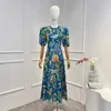 Party Dresses 2024 Summer Autumn Vintage Blue Botanic Flowers Printed Short Sleeve Midi Dress Women Fashion Clothes