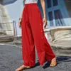 Pantalon femme été ample jambe large décontracté couleur unie bouton taille haute avec ceinture élastique plage fente pantalon
