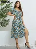 Vestidos sexy urbanos Gibsie Plus Tamaño Estampado floral Nudo Frente Puff Slive Vestido para mujer Verano 2023 Bohemian Holiday Cintura elástica SWT Split Vestido largo Y240402