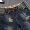 Men Ripped Denim Trousers Fashion Casual Jeans Regular Fit Straight Pants Vintage Dark Blue Color Male Plus Size 240323