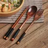 Set sets 1/2 stks Koreaanse houten tafelwerk vork lepel lepel chopsticks 3-delige set massief hout lang handvat draagbaar