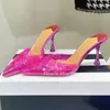 Tofflor sexiga pvc clear mule kristaller punkterna tå skor kvinna transparent höga klackar fest strass sandaler kvinnor