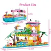 Blockerar vänner husbåtstuga på strandhuset modell Seaside Park Holiday Wharf Cruises Ship Set Building Block Toys for Girls 240401