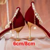 Boots Elegant Pearl Crown Bride Shoes Women String Bead Ankle Strap Thin Heels Pumps Woman Flock Pointed Toe High Heels Wedding Shoes