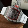 138 6-pin Luxury Richard new men's high quality diamond quartz watch hollow glass back stainless steel case watch black rubber High quality fashion watch