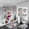 Rideaux de douche Ensemble de rideaux de Noël d'hiver Mignon Bonhomme de neige Oiseaux rouges Cadeaux Forêt Cèdre Année Noël Salle de bain Décor Tapis de bain Couverture de toilette