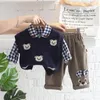 Set di abbigliamento per ragazzi vestiti per bambini crollo autunno orso stampato giubbotto a v-collo camicia a quadri per bambini 1-5 anni