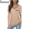 Kvinnors T-skjortor Summer Chest Pocket Casual Cotton Short Sleeve Solid Color V-Neck Matching T-Shirt Ladies Fashion Tees Tops