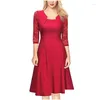 Grundläggande avslappnade klänningar Retro Solid A-Line Party Dress Women Spring Autumn Square Collar Half Sleeve Hollow Out Elegant Office Lady Vesti Dhych