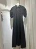 Robes de soirée de haute qualité Beige noir manches courtes lanterne plissée Style Simple col rabattu femmes robe mi-longue