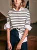 Camiseta feminina listrada francesa manga longa camiseta ombro botão decoração primavera senhoras em torno do pescoço casual camiseta topo all-match