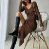 Casual Dresses Solid Color Women Dress Elegant V Neck Maxi With Side Split Hem For Slim Fit Knitted Ankle Length Sheath