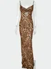 Julissa Mo Leopard Print Vneck Sexy Bodycon Long Dres Lace Up Backless Lets Sukienki żeńskie paski imprezowe plażę vestidos 240323