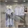 Womens Tracksuits Prepomp Summer Arrival Lace Ruffles Rhinestone Diamonds Shirt Elastic Waist Short Blue Plaid Two Piece Set Outfits D Dhaic