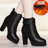 Stiefel 2023 Modehuhe für Frauen Winter Frauenstiefel Feste Farbe Runde Zehen Reißverschluss Schnürung High Heels Wassersichere Schuhe Frauen Frauen