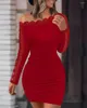 Vestidos casuales Otoño e invierno Sólido Empalme de encaje Una línea Cuello apretado Wrap Hip Sexy Vestido de manga larga para mujeres