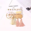 Dangle Earrings Double Round Pink Tassel Hollow Circles Metal Golden Alloy Heart Rhinestone Women & Drop 6pairs/set