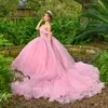 Pink Shiny Princess Ball Gown Quinceanera klänning från axeln Applique spetspärlor Tull Sweet 16 Dress Vestido de 15 Anos