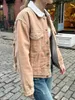 여성용 재킷 미국인 빈티지 코듀로이 램비어 여자 칼라 드 주머니 싱글 가슴 겨울 따뜻한 패션 코트 솔리드웨어웨어
