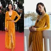 Abiti casual Festival del cinema di Cannes Stile da passerella Top model Abito monopetto giallo abbinato con scollo a V in velluto ultra lungo