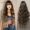 Wigs ALAN EATON Long Water Wave Ombre Dark Brown Wigs for Black Women Afro Cosplay Daily Hair Wigs with Bangs High Temperature Fiber