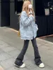 Jeans féminins Zawahiki hauteur hauteur gris charile d'automne de printemps vintage y2k esthétique couleur solide en détresse pantalon de jean polyvalent décontracté en détresse