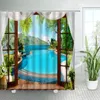 Shower Curtains Beach Scene Tropical Summer Seaside Scenery Window Ocean Palm Tree Parrot Bathroom Set Bathtub Decor With Hooks