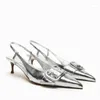 Dress Shoes Woman Silver Kitten Heel Sling Sandals Pointed Toe Shallow Mouth Single Chic Buckle Deco Elegant Party Pumps