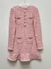 Vestidos casuais mulheres em torno do pescoço rosa tweed mini vestido 2024 primavera babados doce senhoras manga longa xadrez malha robe