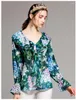 Blusas femininas Personalizar Feito Mulheres Manga Longa Tops e Verão 2024 Runway Floral Imprimir Camisa Verde Plus Size XXXL