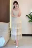 Party Dresses 2024 Summer Elegant Beading Lace Cake Long Dress Women O Neck Flare Sleeve Mesh Patchwork Ruffles Slim A-Line Vestidos