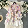 Casual Dresses French Chic Mini Dress For Women Floral Printed V-neck Long Sleeve Female A-line High Waist Vestidos Mujer Drop