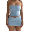 Skirts Women 2pcs Outfits Low-cut Strapless Plain Color Crop Tops Low Waist Super Short Hip Skirt Ladies Summer Bar/party/club Wears