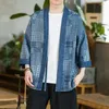 Ethnische Kleidung Blauer Druck Plaid Halbarm Samurai Kimono Yukata Übergröße Herren Japanische Strickjacke Hemd Lose Lässige Strand Haori Robe 4XL