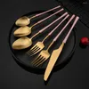 Flatware Sets 2/4/6Set Matte Western Pink Gold Tableware Fork Knife Spoon 18/10 Stainless Steel Dinnerware Cutlery Set Kitchen