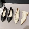 Kleidschuhe 2024 Luxus-Designer mit spitzem Zehenbereich, schwarze Damen-Abendpumps mit mittlerem Absatz und Pailletten