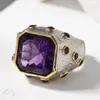 Cluster Rings S925 Sterling Silver For Women Men Fashion Square Cutting Surface Natural Amethyst Ancient Jewelry